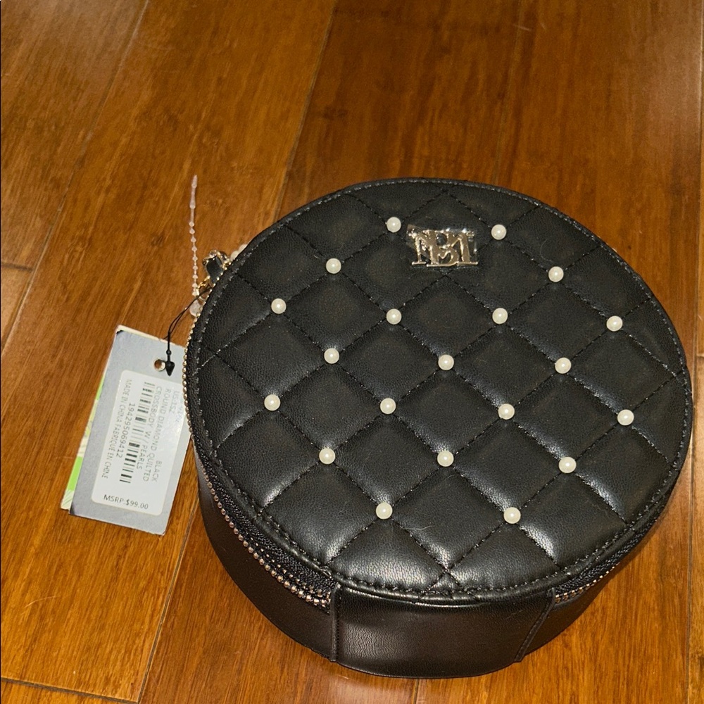 NWT Mishka Round Black Quilted Bag with Pearl Accents